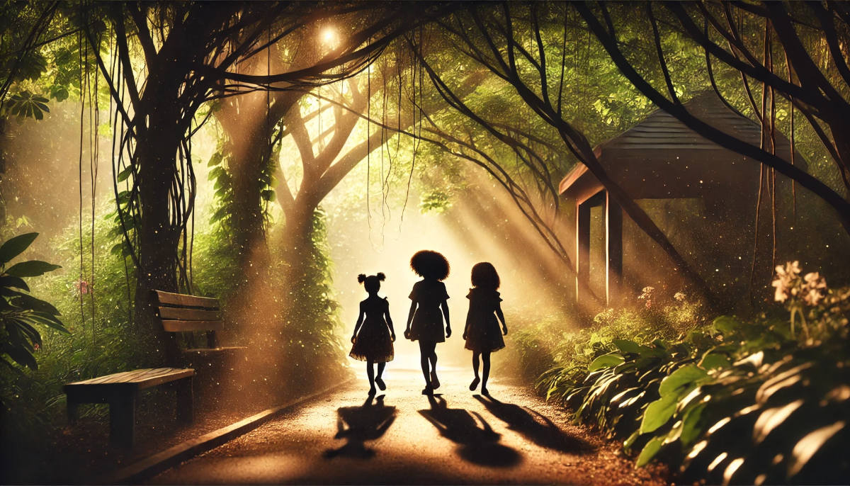 Silhouettes of three girls walking on a path under a canopy of branches.