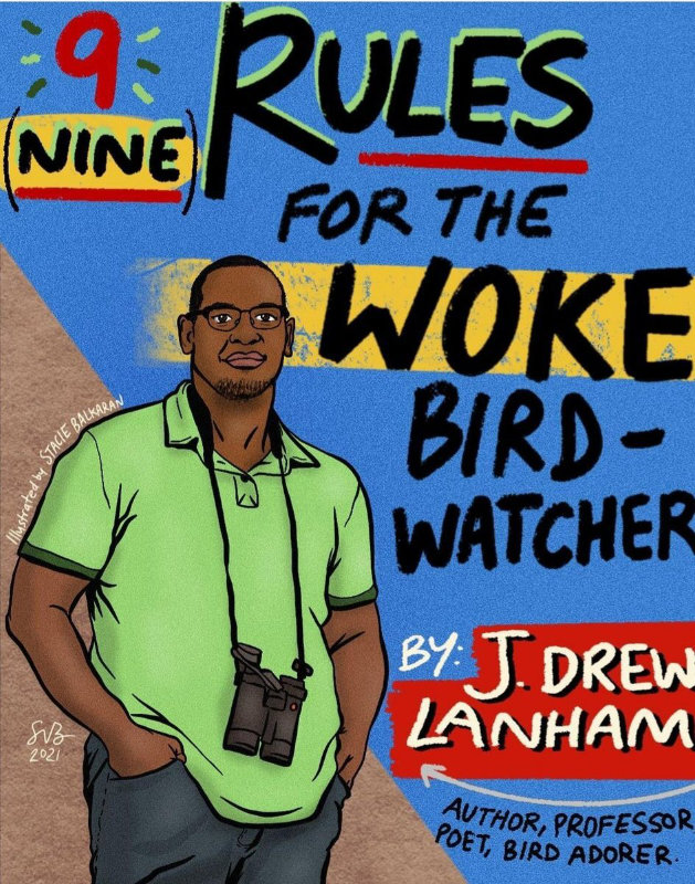 Illustration for "9 Rules for the woke birdwatcher" featuring the a black man in a green polo shirt with binoculars around his neck.