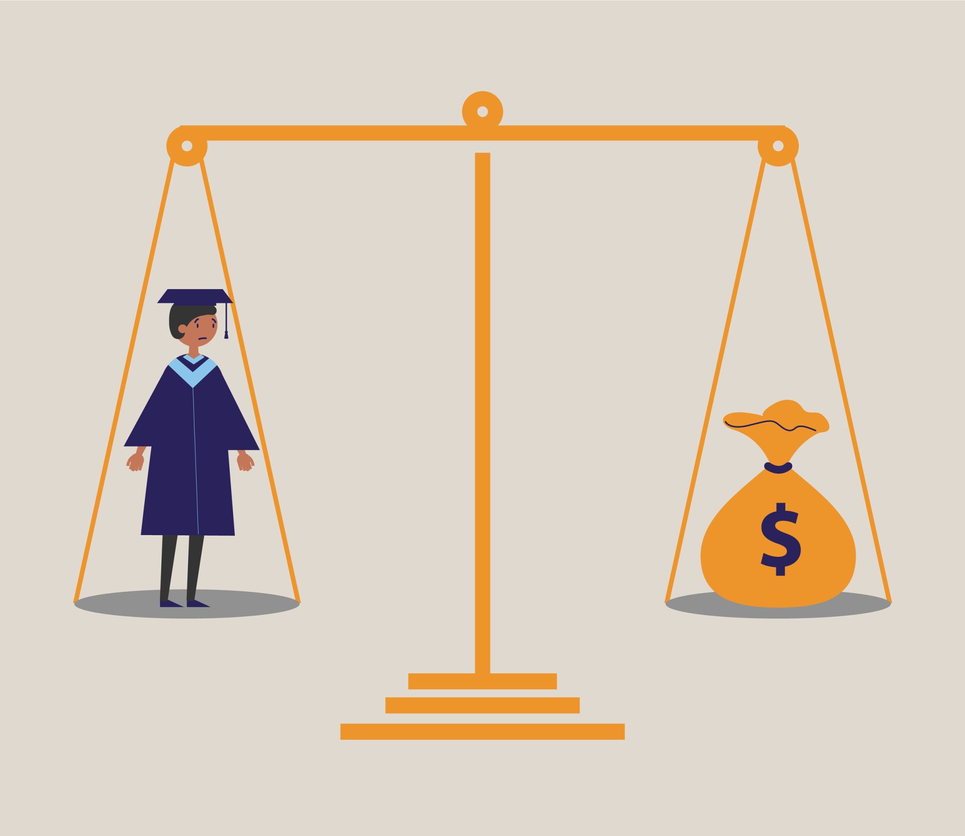 Illustration of scales, balancing money on one side, and a student in a graduation cap and gown on the other.